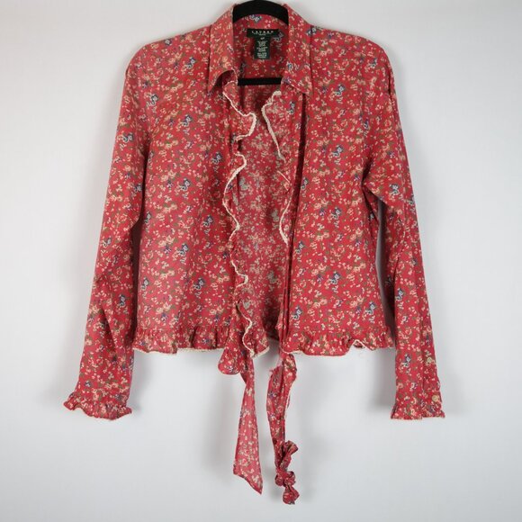 Vintage Lauren Ralph Lauren Red Prairie Floral Wrap Blouse Shirt, Size 12P - Picture 3 of 11